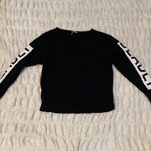 Divided Black Sweater with White Sleeve Lettering